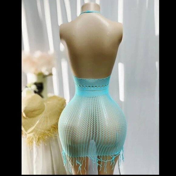 Aqua Blue Fishnet Crop Bodycon Dress Cover Up - Picture 3 of 6